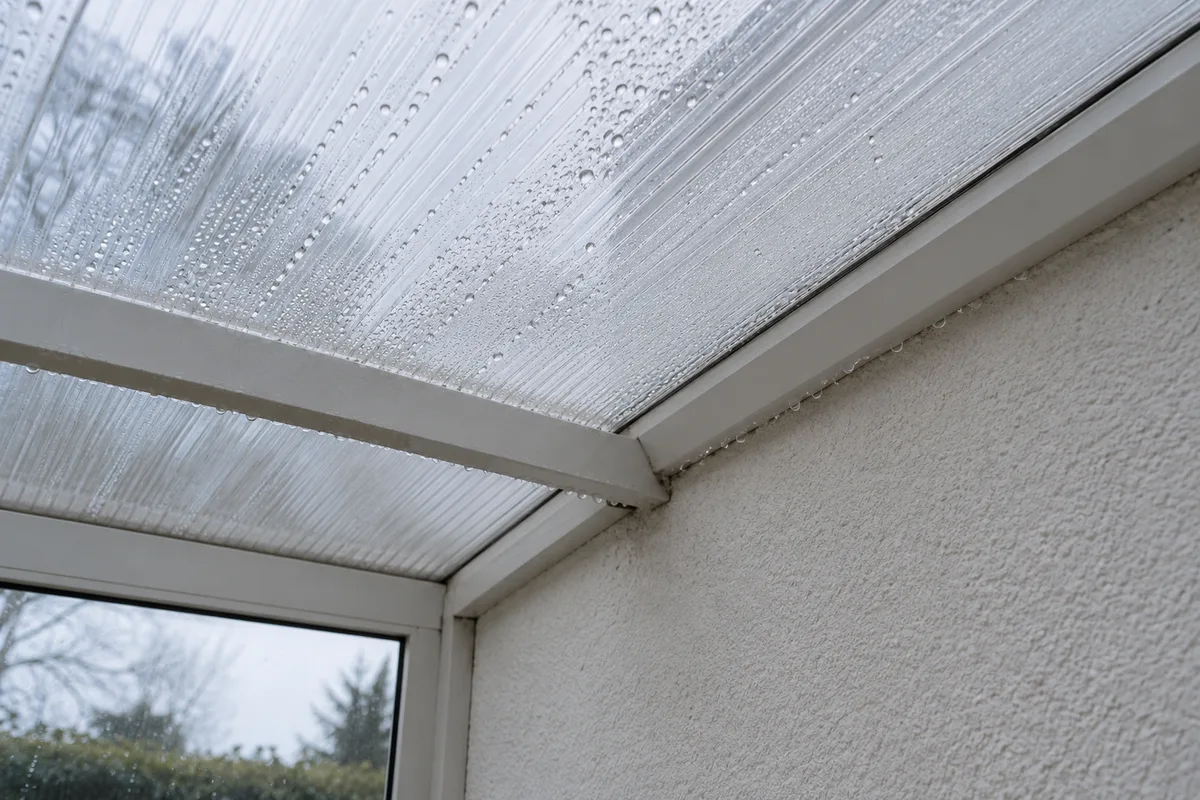 Gouttelettes de condensation sous une toiture de véranda en polycarbonate, à la jonction avec le mur de la maison