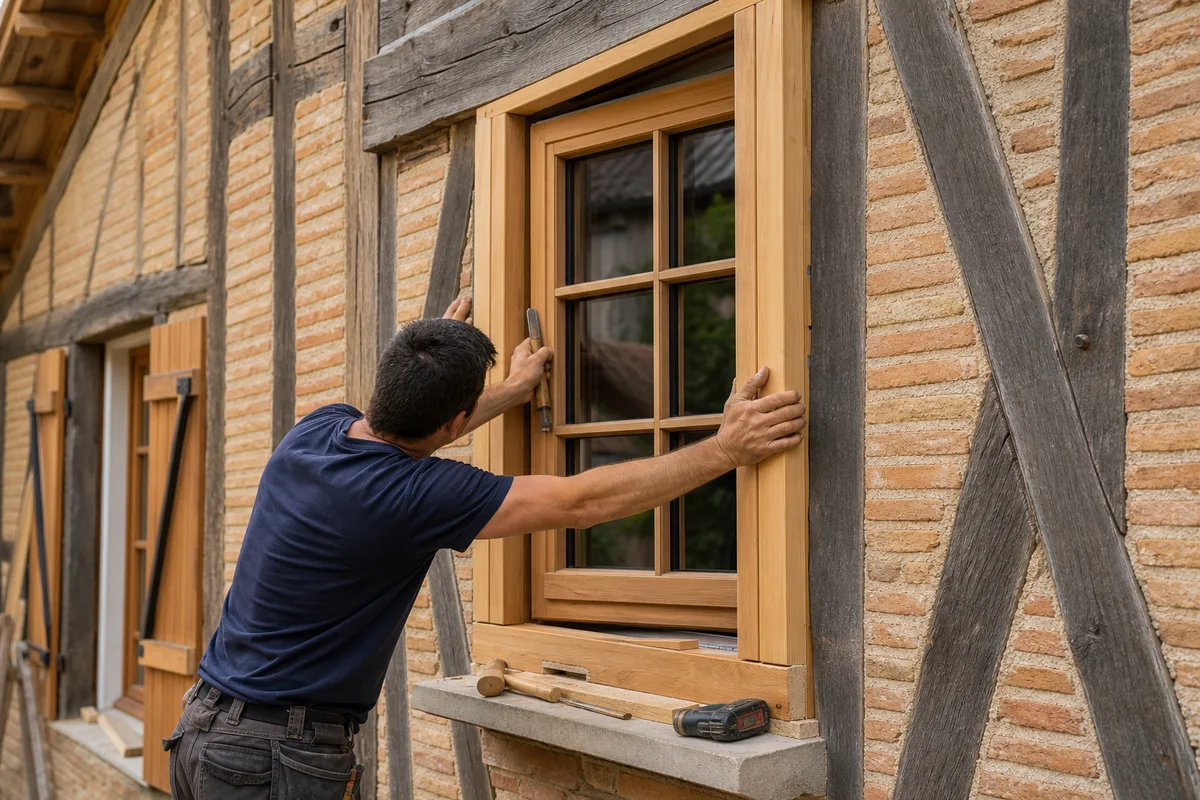 Menuisier posant une fenêtre bois sur mesure dans une maison bressane