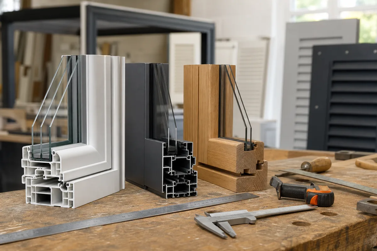 Échantillons de profilés PVC, aluminium et bois avec outils de mesure sur un établi