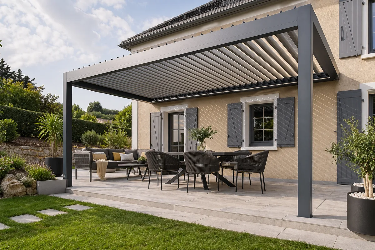 Pergola bioclimatique aluminium à lames orientables sur une terrasse dans l&rsquo;Ain