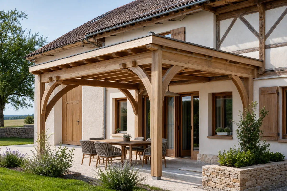 Structure de pergola en bois adossée à une façade de ferme bressane rénovée