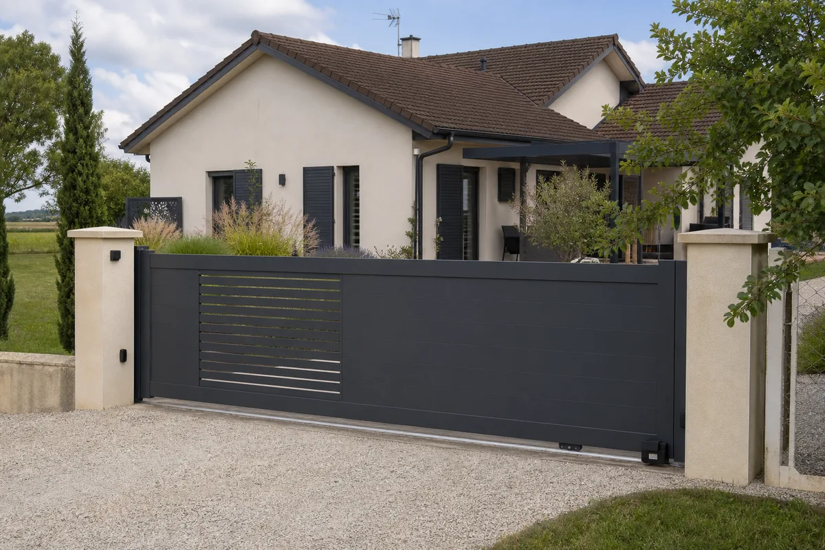 Portail aluminium coulissant motorisé devant une maison de la plaine bressane