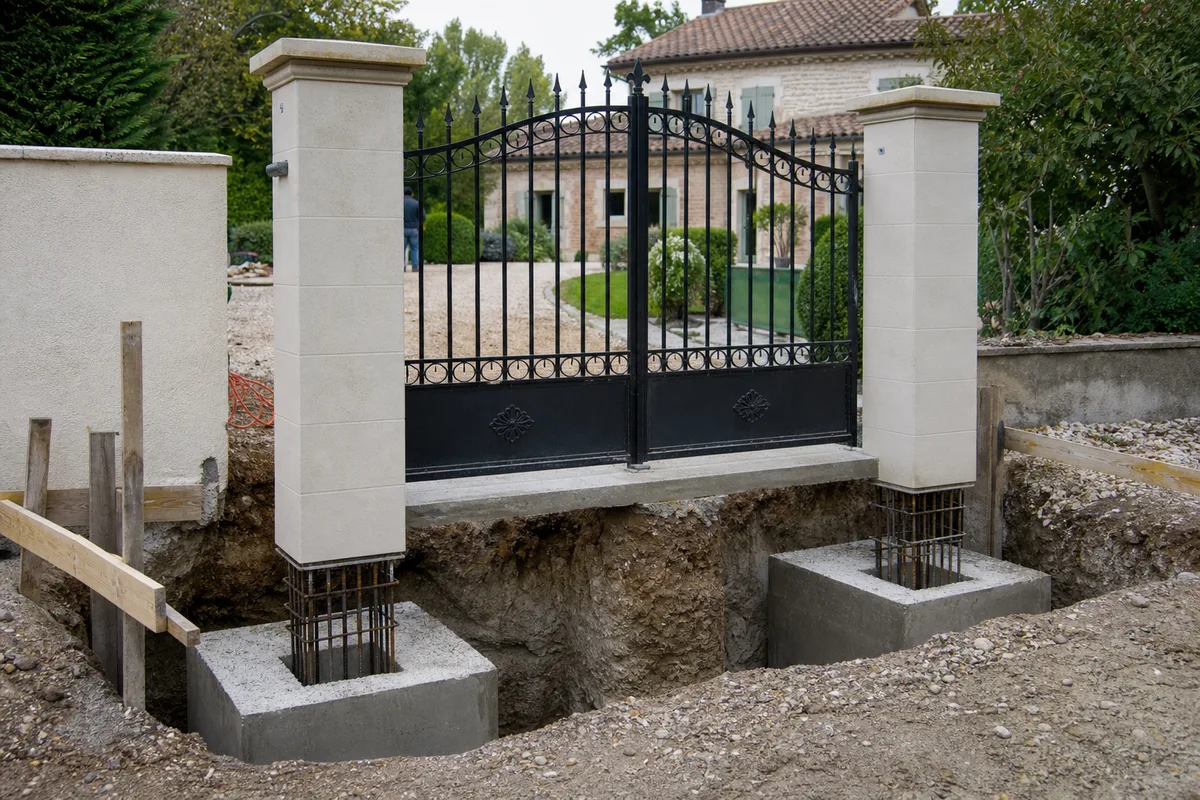 Piliers maçonnés et fondation profonde pour un portail battant en fer forgé