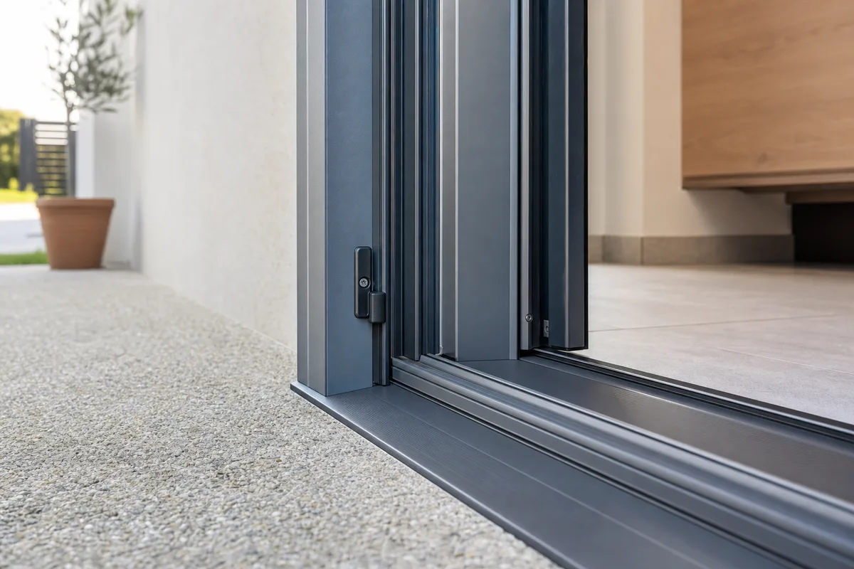Détail du seuil plat et des joints d&rsquo;étanchéité d&rsquo;une porte d&rsquo;entrée aluminium