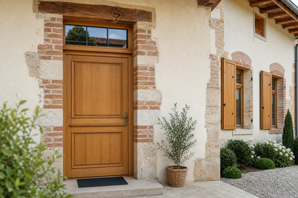 Entrée de maison bressane rénovée avec porte bois et imposte vitrée