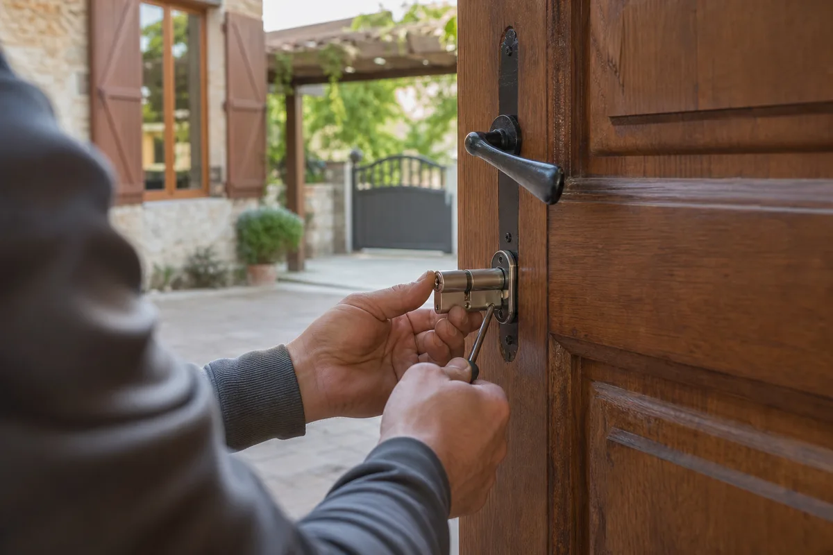 Serrurier remplaçant un cylindre de sécurité sur une porte d&rsquo;entrée en bois