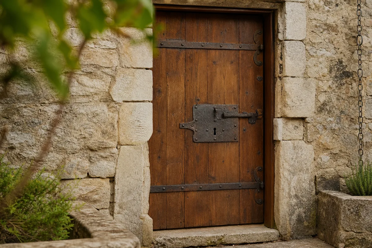 Porte ancienne en bois massif du Bugey avec serrure en applique et gonds forgés