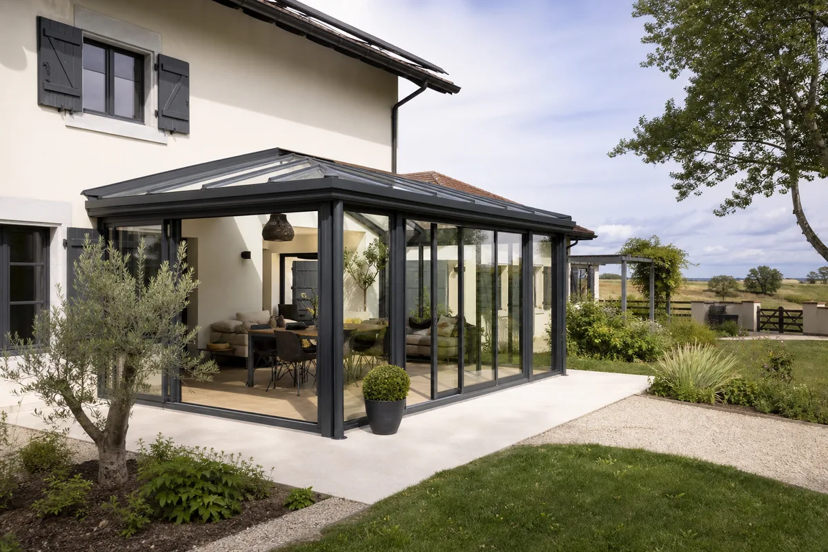 Véranda aluminium à toiture vitrée adossée à une maison de la plaine bressane