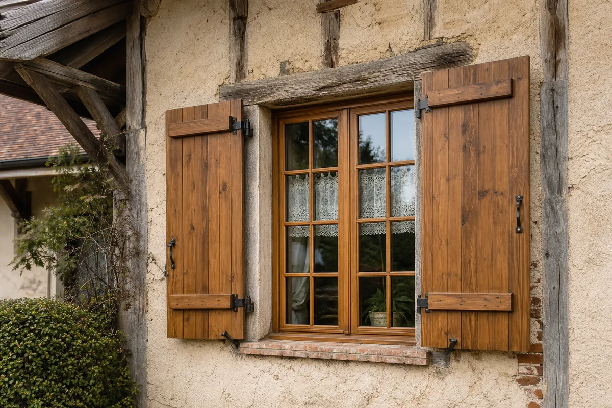 Volets battants en bois sur la façade d&rsquo;une maison ancienne de la Bresse