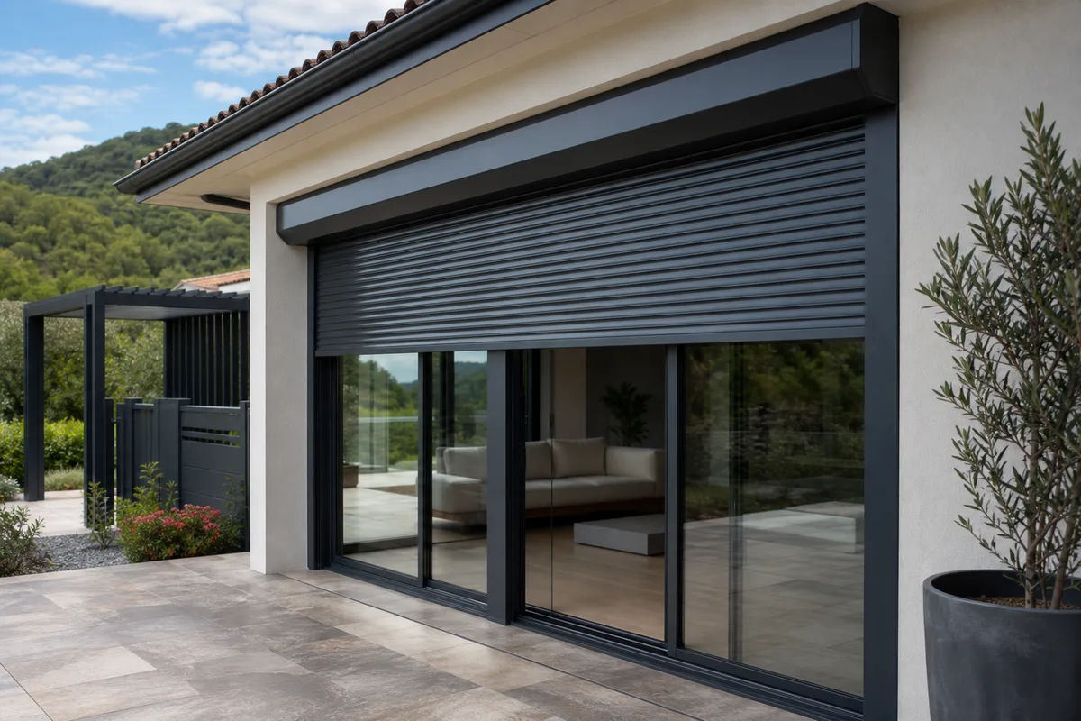 Volet roulant aluminium motorisé sur une baie vitrée d&rsquo;une maison contemporaine